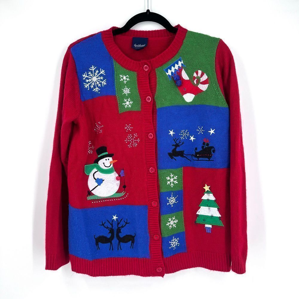 Ugly Christmas Sweater Cardigan Medium Gloria Vanderbilt snowmen, stocking Color